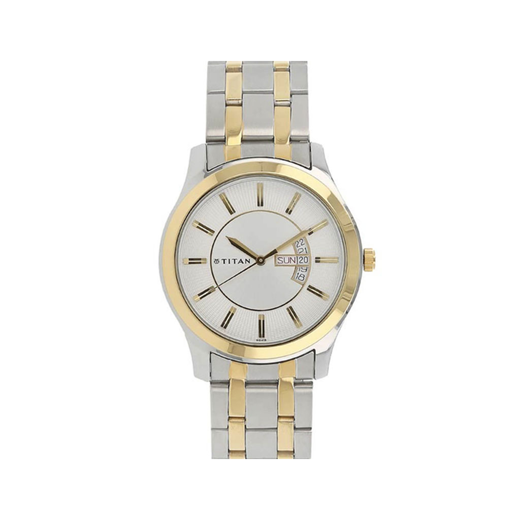 TITAN, 1627BM01, Men's Watch White Dial Silver & Gold Stainless Steel Strap Watch.