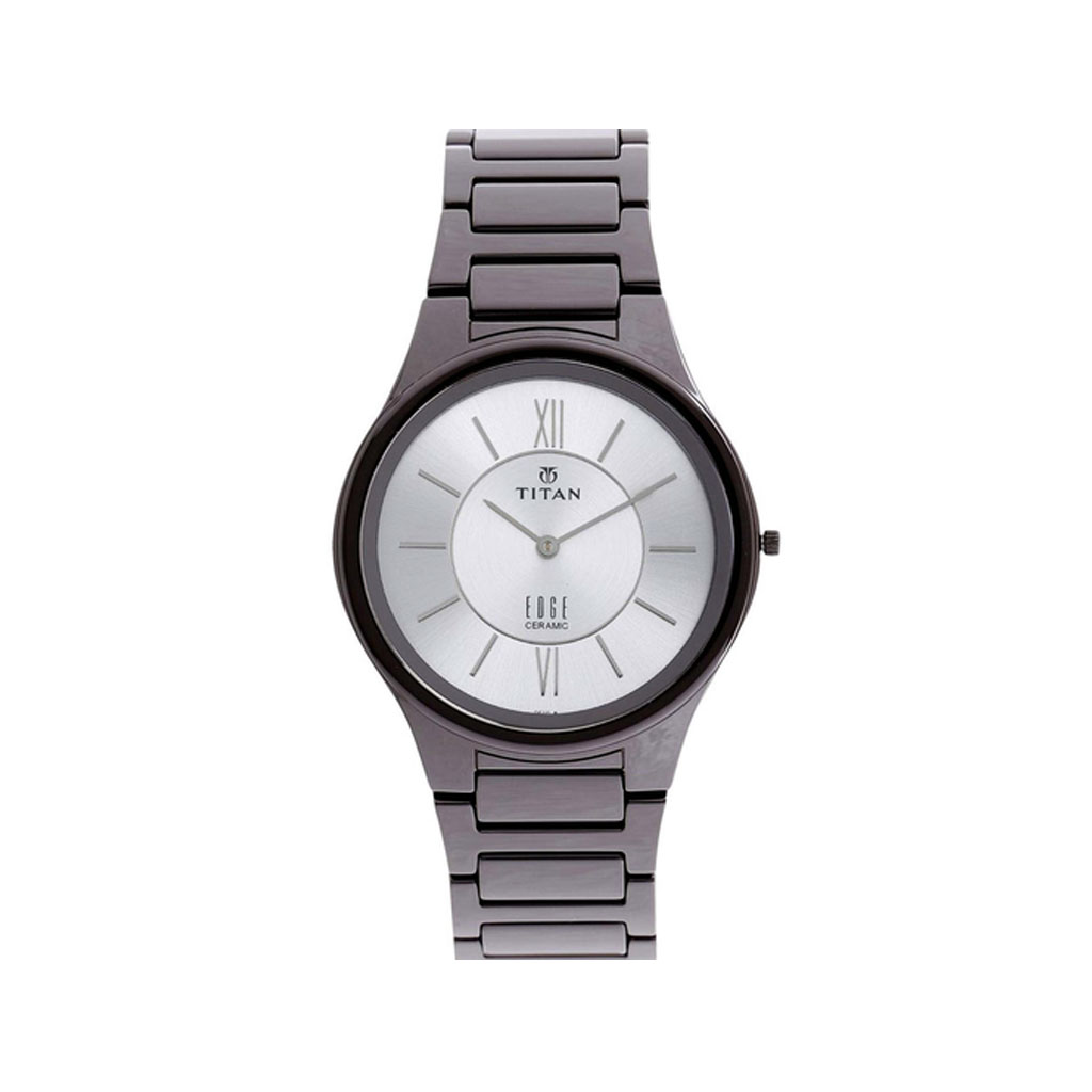 TITAN, 1696QC02, Men’s Watch Edge Ceramic - Slimmest Ceramic Analog Watch Silver Dial Grey Band