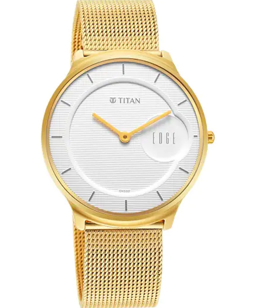 Titan, 1843YM01, Men’s Edge Baseline Collection Analog Watch, White Dial & Golden Stainless Steel Band