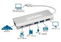Manhattan SuperSpeed USB-C Multiport Adapter USB 3.2 Type-C Male to HDMI (4K@30Hz) Female, Two USB 3.0 Type-A Ports, USB-C Power Delivery (PD) Port, Gigabit RJ45 Port, SD Card Reader; Aluminum, Gray