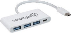Manhattan 3-Port USB 3.2 Gen 1 Hub with Power Delivery USB-C Male to Three Type-A Ports Female and One Type-C Power-Delivery Port Female, SuperSpeed USB (Formerly USB 3.0), 5 Gbps, 60 W via USB-C PD Port, White