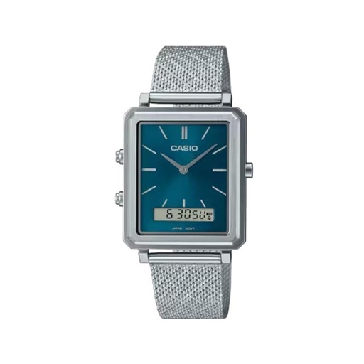 Casio, MTP-B205M-3EDF,Analog and Digital Dual Time- Men's Watch, Teal Dial Silver Stainless Steel Mesh Band