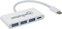 Manhattan 3-Port USB 3.2 Gen 1 Hub with Power Delivery USB-C Male to Three Type-A Ports Female and One Type-C Power-Delivery Port Female, SuperSpeed USB (Formerly USB 3.0), 5 Gbps, 60 W via USB-C PD Port, White